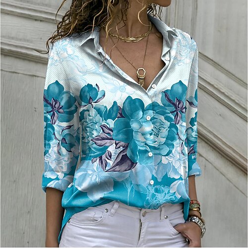 

Women's Blouse Floral Halloween Weekend Floral Blouse Shirt Long Sleeve Button Print Shirt Collar Casual Streetwear Blue Purple Fuchsia S / 3D Print