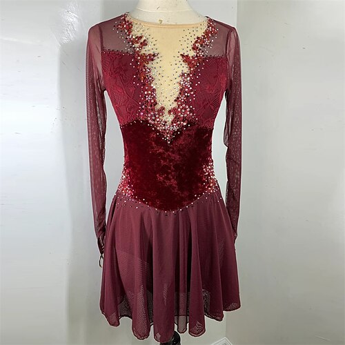 

Figure Skating Dress Women's Girls' Ice Skating Dress Burgundy Thumbhole High Elasticity Training Competition Skating Wear Crystal / Rhinestone Long Sleeve Ice Skating Figure Skating / Winter