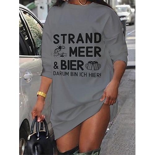 

Women's T Shirt Dress Tee Dress Shift Dress Short Mini Dress Gray Long Sleeve Print Letter Print Fall Winter Crew Neck Casual Fashion Loose 2022 S M L XL XXL 3XL / Casual Dress