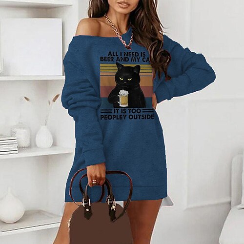 

Women's Shift Dress Short Mini Dress Blue Long Sleeve Cat Letter Animal Fake two piece Print Fall Spring Crew Neck Casual Vacation 2022 S M L XL XXL 3XL