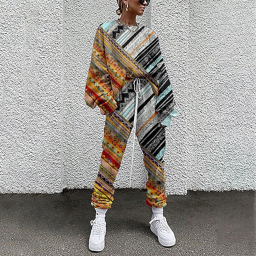 

Women's Sweatshirt Tracksuit Pants Sets Active Streetwear Yellow Red Sports Outdoor Casual Graphic Geometric Drawstring Print Crew Neck S M L XL XXL