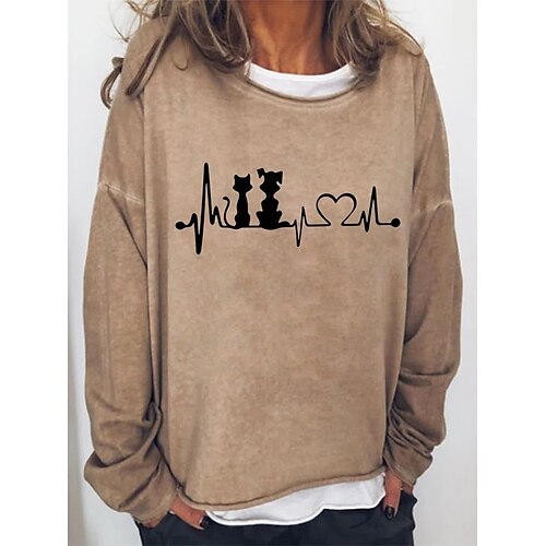 

Women's Pullover Basic Casual Print Black Khaki Light Blue Animal Cat Loose Fit Casual Crew Neck Long Sleeve S M L XL XXL 3XL