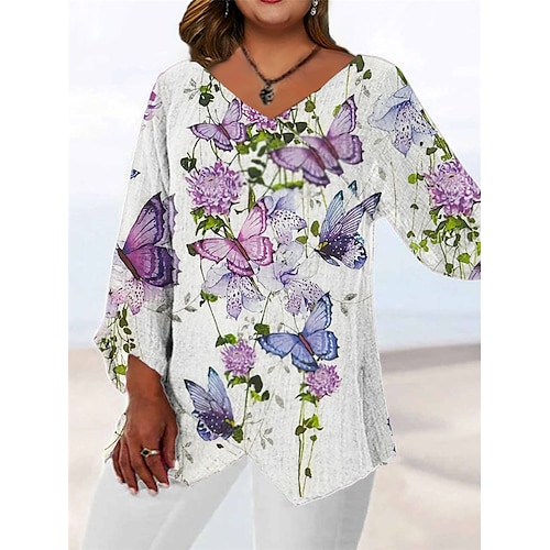 

Women's Plus Size Tops Blouse Shirt Butterfly Animal Print Long Sleeve V Neck Casual Daily Going out Polyester Fall Winter White / 3D Print