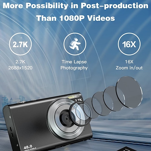 

Digital Camera 2.7K 48MP Vlogging Camera Autofocus Digital Spot and Shooting Camera with 32GB Memory Card 16x Zoom Time-Lapse Digital Camera Suitable for Kids Teens Students Boys & Girls