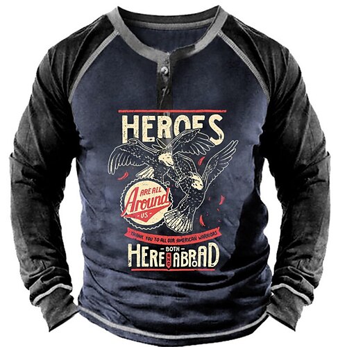 

Men's Henley Shirt Tee T shirt Tee 3D Print Graphic Color Block Eagle Plus Size Henley Daily Sports Patchwork Button-Down Long Sleeve Tops Designer Basic Casual Classic Navy Blue