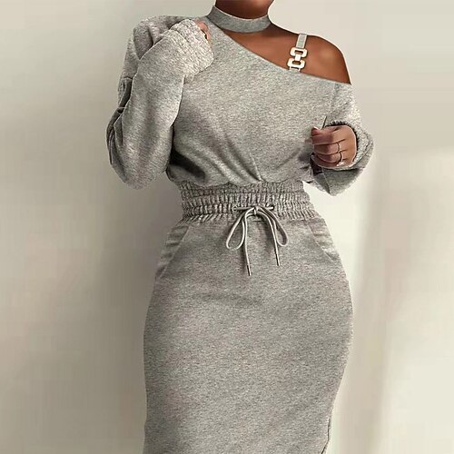 

Women's Bodycon Gray Long Sleeve Pure Color Button Spring Summer Halter Neck Fashion Winter Dress Fall Dress Loose Fit 2022 S M L XL XXL