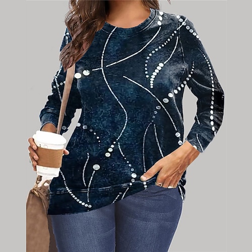 

Women's Plus Size Tops Pullover Sweatshirt Graphic Print Long Sleeve Crewneck Streetwear Daily Vacation Microfiber Fall Winter Navy Blue