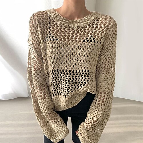 

Women's Blouse Shirt Eyelet top Khaki Beige Black Plain Mesh Crochet Long Sleeve Casual Holiday Casual Round Neck Regular Loose Fit One-Size