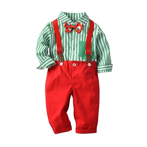

2 Pieces Kids Boys Shirt & Pants Clothing Set Outfit Stripe Long Sleeve Cotton Set Gentle Fall Spring 2-6 Years Green Red