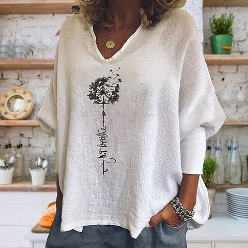 

Women's T shirt Tee Text Dandelion Casual Holiday Weekend Floral Painting T shirt Tee Long Sleeve Print V Neck Basic White Black S / 3D Print