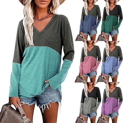 

Women's T shirt Tee Light Green Pink Navy Blue Color Block Patchwork Long Sleeve Daily Weekend Basic V Neck Regular S