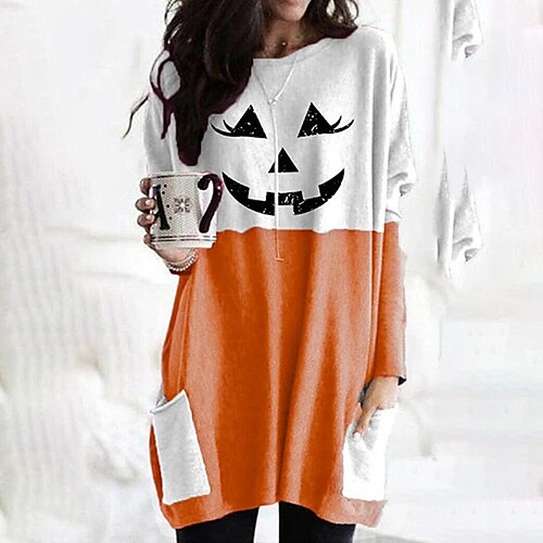 

Women's T shirt Tee Tunic Orange Red Gray Graphic Ghost Cold Shoulder Print Long Sleeve Halloween Casual Basic Round Neck Long S