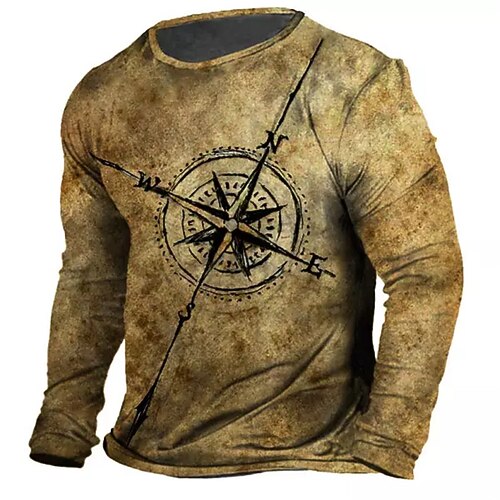 

Men's Unisex T shirt Tee Graphic Prints Compass Crew Neck Brown Long Sleeve 3D Print Outdoor Street Print Tops Basic Sports Designer Casual