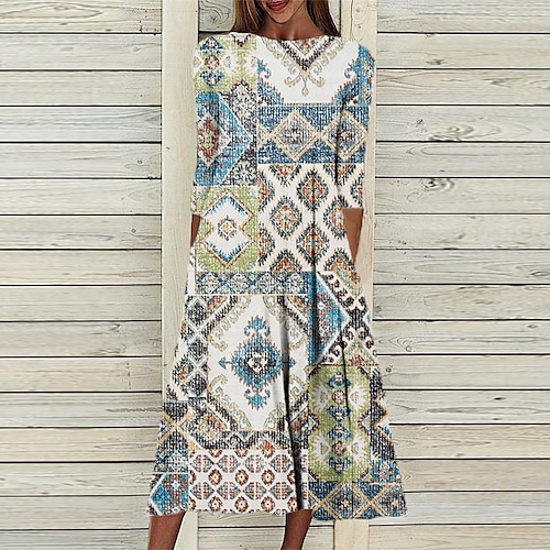 

Women's Casual Dress Shift Dress Midi Dress Blue Yellow Rainbow 3/4 Length Sleeve Geometric Ruched Print Fall Winter Round Neck Casual Vacation 2022 S M L XL XXL 3XL