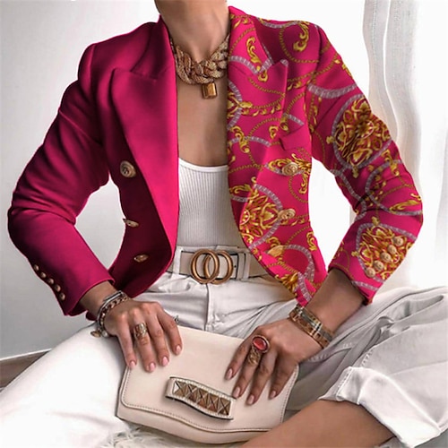 

Women's Plus Size Blazer Button Print Graphic Color Block Formal Office Long Sleeve Turndown Regular Winter Fall Black Yellow Fuchsia L XL XXL 3XL 4XL