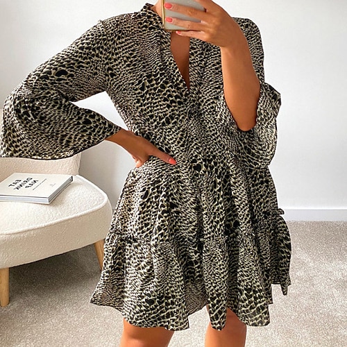 

Women's A Line Dress Short Mini Dress Khaki Long Sleeve Leopard Ruched Fall Winter V Neck Casual 2022 S M L XL XXL 3XL