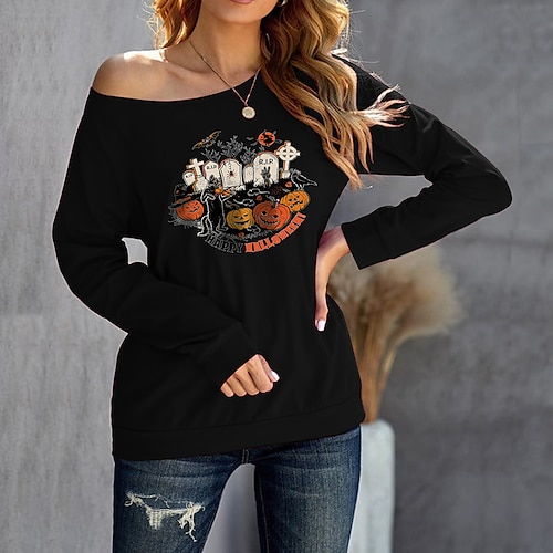 

Women's Sweatshirt Pullover One Shoulder Pumpkin Text Cold Shoulder Print Halloween Weekend Hot Stamping Active Streetwear Clothing Apparel Hoodies Sweatshirts Green Black