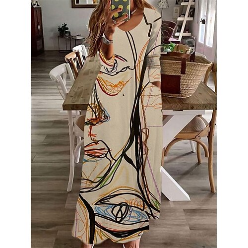 

Women's A Line Dress Swing Dress Maxi long Dress Khaki Beige Long Sleeve Abstract Pocket Print Fall Winter V Neck Casual Vacation 2022 S M L XL XXL 3XL / Casual Dress