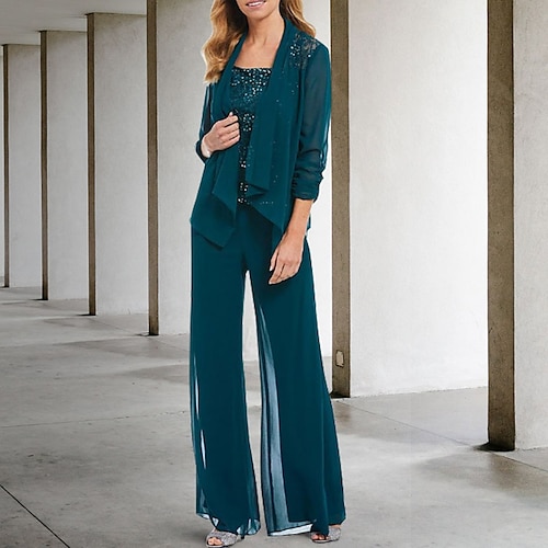 

Pantsuit 3 -dels jakkesæt Kjole til brudens mor Formel Elegant Indpakning inkluderet V-hals Knælang Chiffon Kortærmet med Draperet 2023