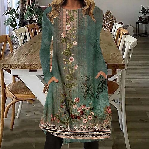 

Women's T Shirt Dress Tee Dress Shift Dress Knee Length Dress Green Long Sleeve Floral Pocket Print Fall Winter Crew Neck Casual Vacation 2022 S M L XL XXL 3XL / Casual Dress