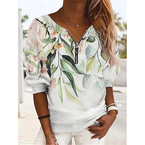 

Women's Pullover Quarter Zipper Hoodie V Neck Floral Print Casual Daily 3D Print Cotton Casual Clothing Apparel Hoodies Sweatshirts Loose Fit White