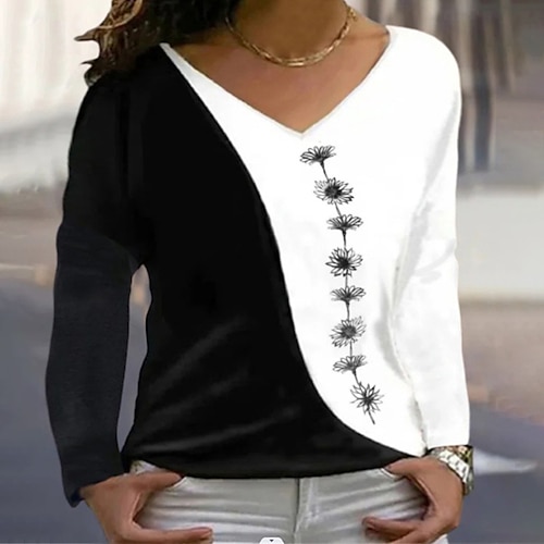 

Women's Plus Size Tops T shirt Tee Floral Color Block Print Long Sleeve V Neck Streetwear Daily Vacation Polyester Fall Spring White Black