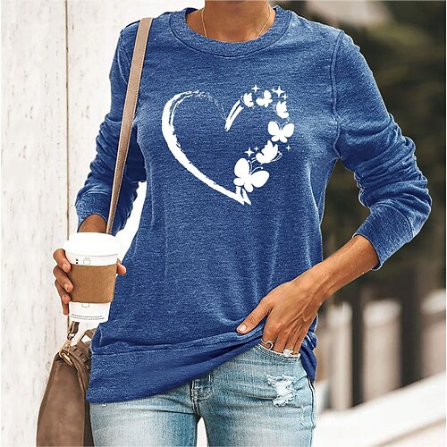 

Women's Basic Print Butterfly Basic Round Neck Regular Spring & Fall Blue Yellow Dark Green Dark Blue Black