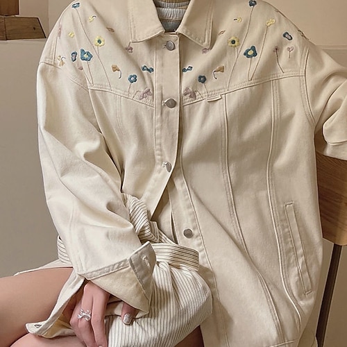 

Women's Denim Jacket Warm Breathable Outdoor Daily Wear Vacation Going out Pocket Embroidery Single Breasted Turndown Vintage Chic & Modern Preppy Style Floral Regular Fit Outerwear Long Sleeve