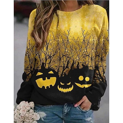 

Women's Sweatshirt Pullover Halloween Blue Yellow Red Cartoon Halloween Round Neck Long Sleeve S M L XL 2XL 3XL / Winter