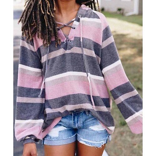 

Women's T shirt Tee Striped Color Block Casual Weekend Painting T shirt Tee Long Sleeve Print Cowl Neck Basic Pink Red S / 3D Print