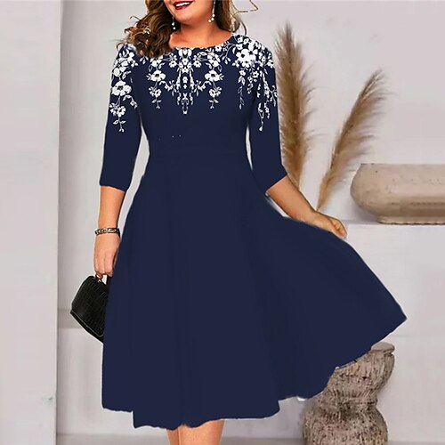 

kvinders plus size a line kjole med blomsterprint med rund halsudskæring 3/4-længde ærmer forår efterår elegant afslappet midikjole daglig feriekjole / 3d print