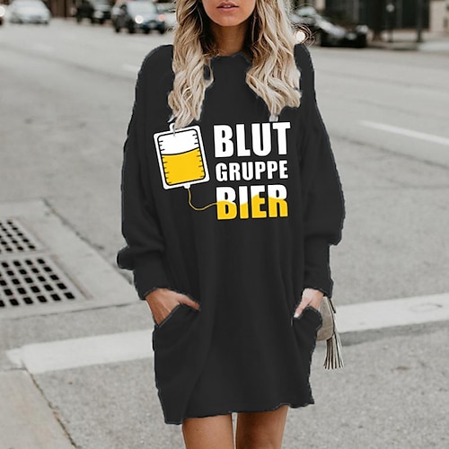 

Women's Shift Dress Short Mini Dress Black Long Sleeve Letter Pocket Print Fall Winter Hooded Casual 2022 S M L XL XXL 3XL