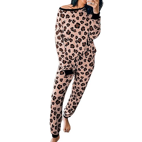 

Women's Pajamas Sets Pjs 2 Pieces Leopard Fashion Comfort Home Bed Polyester Crew Neck Long Sleeve Pant Winter Fall Pink Brown