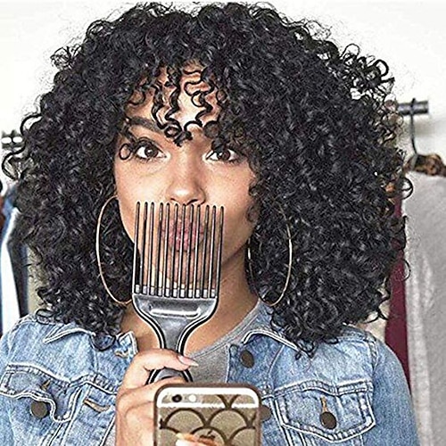 

Remy Human Hair Wig Long Medium Length Jerry Curl With Bangs Natural Women Sexy Lady New Capless Peruvian Hair Women's Natural Black #1B 12 inch 14 inch 16 inch