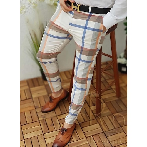 

Men's Chinos Trousers Jogger Pants Plaid Dress Pants Print Lattice Full Length Casual Daily Trousers Smart Casual Yellow grid Pink Micro-elastic