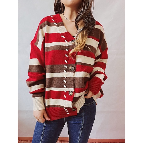 

Women's Cardigan Sweater Jumper Chunky Knit Tunic Knitted Striped V Neck Stylish Casual Home Daily Winter Fall Green Red S M L / Long Sleeve / Loose Fit