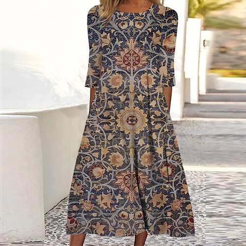 

Women's Casual Dress Shift Dress Midi Dress Navy Blue 3/4 Length Sleeve Floral Ruched Print Fall Spring Round Neck Casual Vacation 2022 S M L XL XXL 3XL