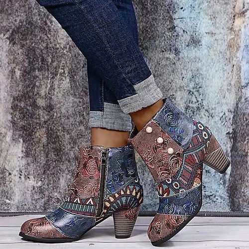 

Women's Boots Plus Size Party Outdoor Office Floral Geometric Booties Ankle Boots Winter Beading Chunky Heel Round Toe Vintage Walking PU Leather Zipper Brown Rainbow