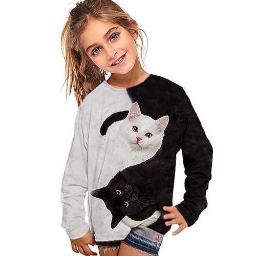 Barn Flickor T-shirt Långärmad 3D-tryck Katt Djur Grå Barn Blast Höst Vinter Aktiv Mode Dagligen Dagligen Utomhus Normal 3-12 år