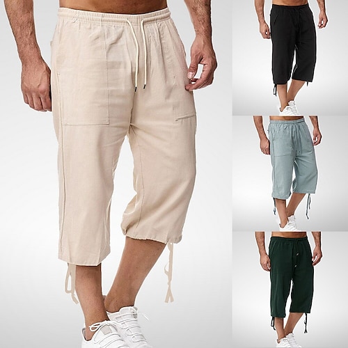 

Men's Casual Capri Shorts 3/4 Loose Fit Below Knee Short Breathable Soft Crop Trousers Cotton Sports Outdoor Solid Color Calf-Length Pants With Drawstring Pocket Elastic Waist Blue khaki Green Black