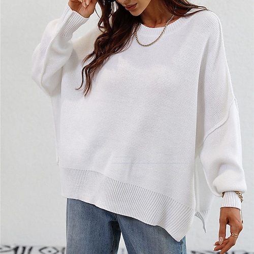 

Women's Pullover Sweater Jumper Ribbed Knit Split Knitted Pure Color Crew Neck Stylish Casual Daily Holiday Fall Winter White Black S M L / Long Sleeve