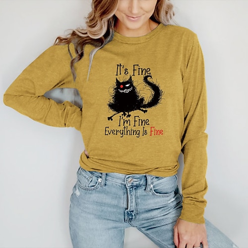

Women's T shirt Tee Graphic Letter Halloween Casual Daily Cat T shirt Tee Long Sleeve Print Round Neck Halloween Green Blue Yellow S