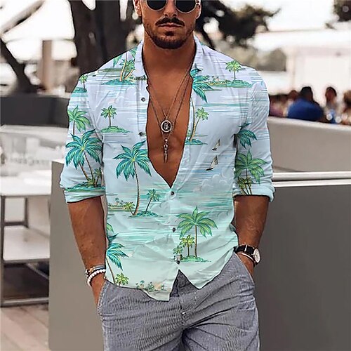 

Men's Shirt Coconut Tree Turndown Green Long Sleeve 3D Print Outdoor Street Button-Down Print Tops Fashion Designer Casual Breathable