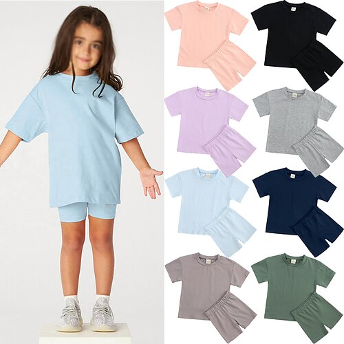 

Kids Girls' T-shirt Shorts Clothing Set 2 Pieces Short Sleeve Green Black Blue Solid Color Crewneck Active Daily Regular 3-13 Years