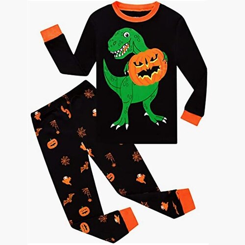 

2 Pieces Kids Boys Halloween T-shirt & Pants T-shirtSet Clothing Set Outfit Animal Pumpkin Dinosaur Long Sleeve Print Set Outdoor Sports Fashion Cool Winter Fall 3-12 Years Black