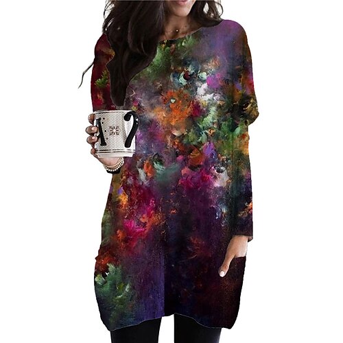 

Women's Shift Dress Casual Dress Short Mini Dress Purple Long Sleeve Color Gradient Pocket Print Fall Winter Crew Neck Casual Vacation Loose 2022 S M L XL XXL 3XL