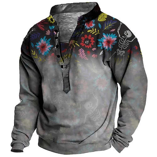 

Men's Unisex Sweatshirt Pullover Button Up Hoodie Dark Gray Standing Collar Floral Graphic Prints Print Casual Daily Sports 3D Print Streetwear Designer Casual Spring Fall Clothing Apparel Hoodies