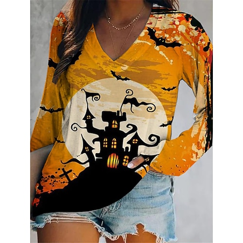 

Women's Plus Size Tops Blouse Shirt Halloween Bat Print Long Sleeve V Neck Vintage Streetwear Festival Halloween Daily Cotton Spandex Jersey Fall Winter Yellow