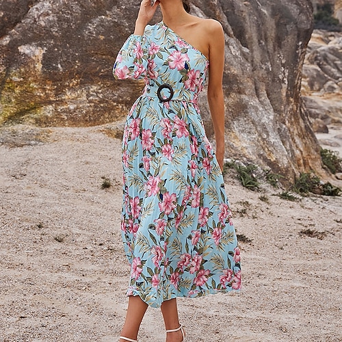 

Women's Chiffon Dress Swing Dress Midi Dress Rainbow Long Sleeve Floral Print Fall Winter One Shoulder Stylish Romantic Fashion Slim 2022 S M L XL