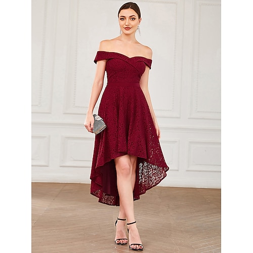 

A-Line Homecoming Dresses Vintage Dress Homecoming Asymmetrical Sleeveless Off Shoulder Lace with Pleats Pure Color 2022